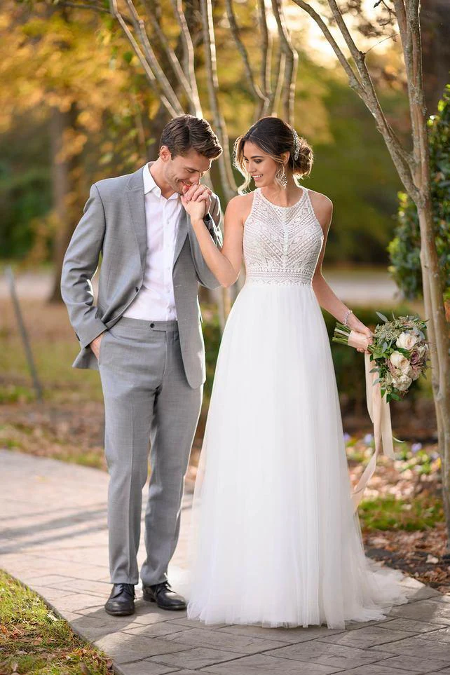 Vestidos de novia estilo bohemio con cuello halter, de gasa y encaje, para playa